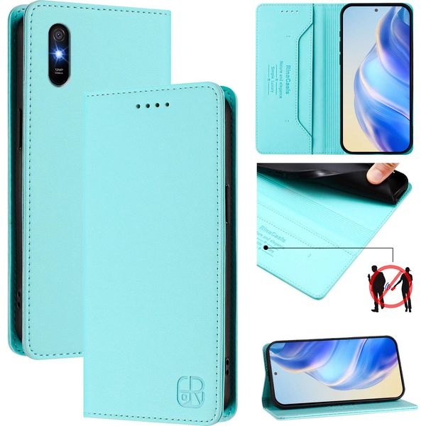 Custodia In Pelle Per Xiaomi Redmi 9A, Flip Case Con Slot Per Carte, Portafoglio E Supporto Turchese-image