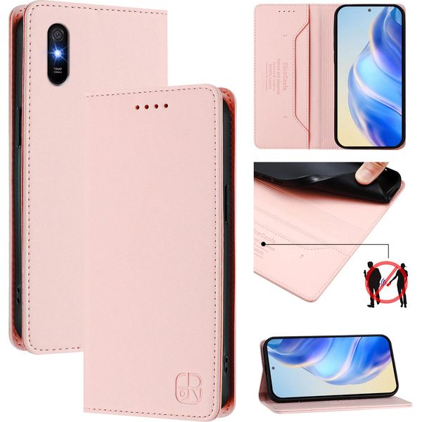 Custodia In Pelle Per Xiaomi Redmi 9A, Flip Case Con Slot Per Carte, Portafoglio E Supporto Rosa-image