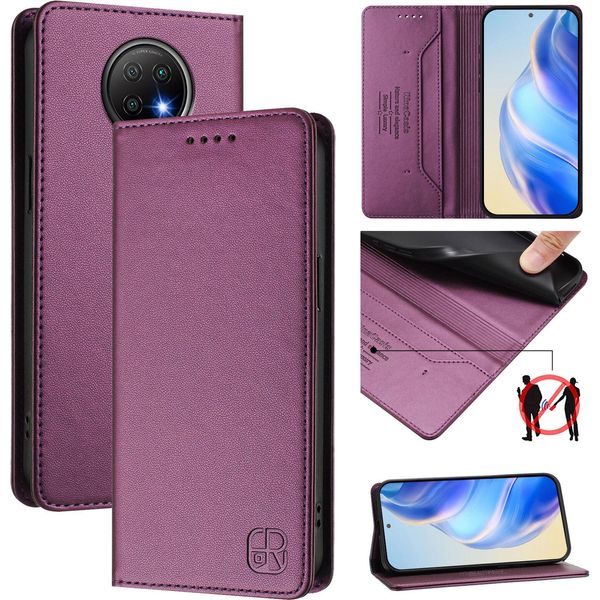 Custodia In Pelle Per Xiaomi Redmi Note 9T, Flip Case Con Slot Per Carte, Portafoglio E Supporto Viola-image