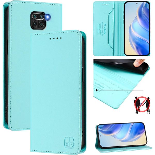 Custodia In Pelle Per Xiaomi Redmi Note 9, Flip Case Con Slot Per Carte, Portafoglio E Supporto Turchese-image