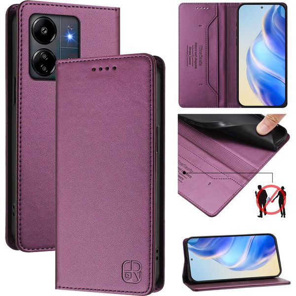 Custodia In Pelle Per Xiaomi Redmi 13C/Poco C65/Poco M6 5G, Custodia Flip Con Slot Per Carte, Portafoglio E Supporto Viola-image