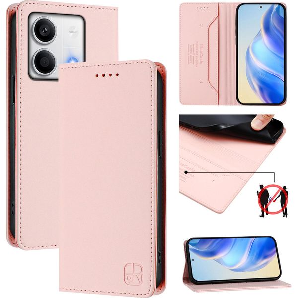 Custodia In Pelle Per Xiaomi Redmi Note 13 5G, Flip Case Con Slot Per Carte, Portafoglio E Supporto Rosa-image