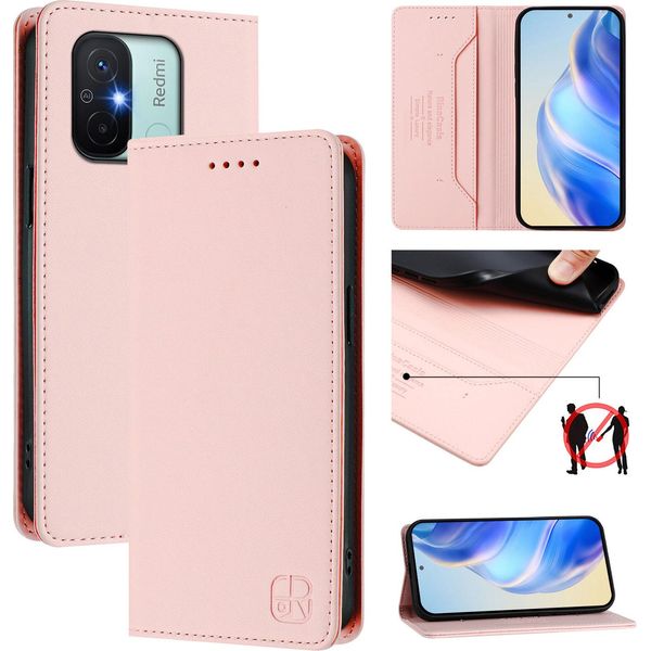 Custodia In Pelle Per Xiaomi Redmi 12C, Flip Case Con Slot Per Carte, Portafoglio E Supporto Rosa-image
