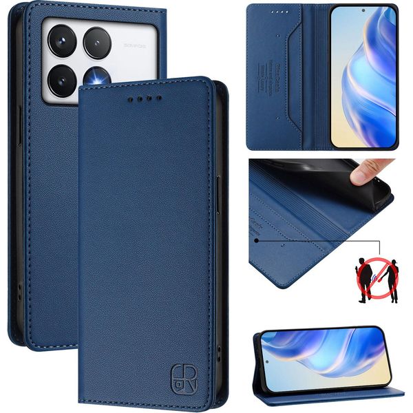 Custodia In Pelle Per Xiaomi Poco F6 Pro/Redmi K70/K70 Pro, Custodia Flip Con Slot Per Carte, Portafoglio E Supporto Blu-image