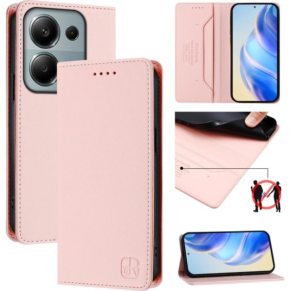 Custodia In Pelle Per Xiaomi Poco M6 Pro 4G/Redmi Note 13 Pro 4G, Custodia Flip Con Slot Per Carte, Portafoglio E Supporto Rosa-image