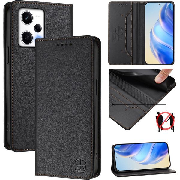 Custodia In Pelle Per Xiaomi Redmi Note 12 Pro+, Flip Case Con Slot Per Carte, Portafoglio E Supporto Nero-image