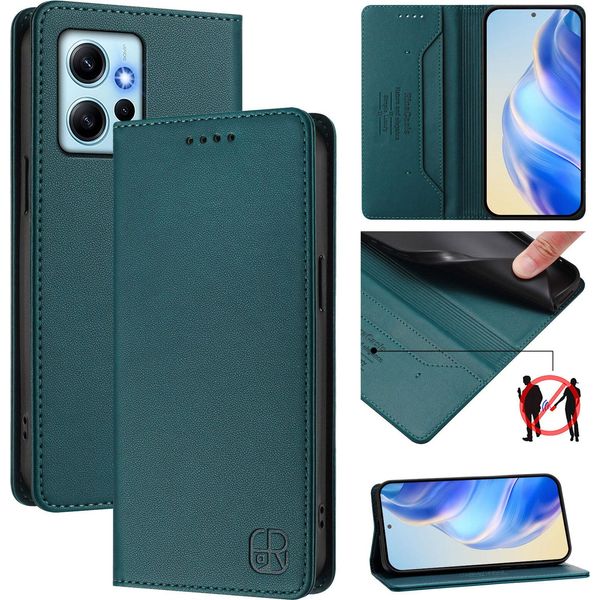 Custodia In Pelle Per Xiaomi Redmi Note 12 4G, Flip Case Con Slot Per Carte, Portafoglio E Supporto Verde Scuro-image