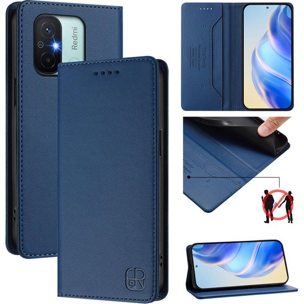 Custodia In Pelle Per Xiaomi Redmi 12C, Flip Case Con Slot Per Carte, Portafoglio E Supporto Blu-image