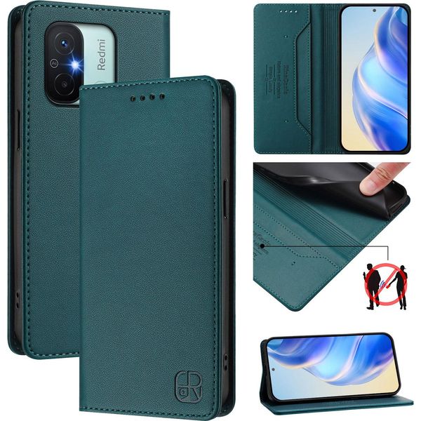 Custodia In Pelle Per Xiaomi Redmi 12C, Flip Case Con Slot Per Carte, Portafoglio E Supporto Verde Scuro-image