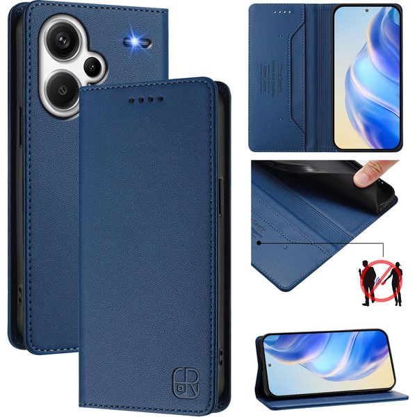 Custodia In Pelle Per Xiaomi Redmi Note 13 Pro+, Flip Case Con Slot Per Carte, Portafoglio E Supporto Blu-image