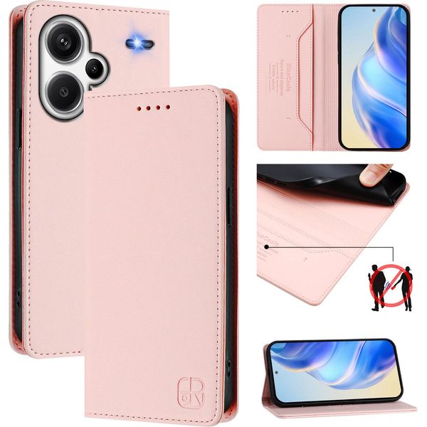 Custodia In Pelle Per Xiaomi Redmi Note 13 Pro+, Flip Case Con Slot Per Carte, Portafoglio E Supporto Rosa-image