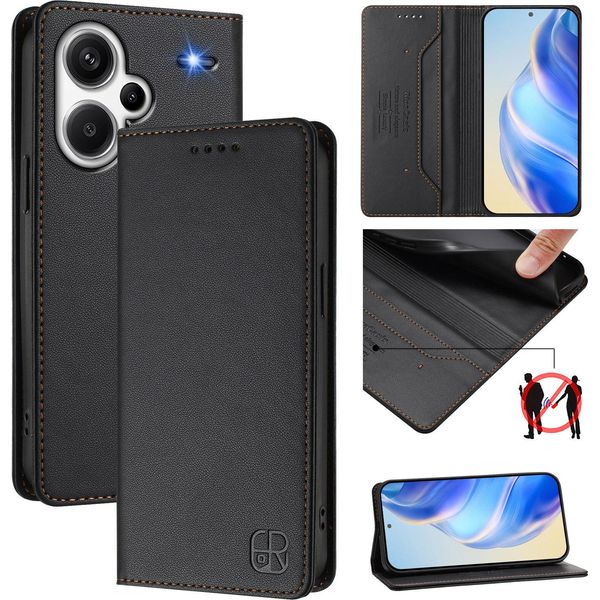 Custodia In Pelle Per Xiaomi Redmi Note 13 Pro+, Flip Case Con Slot Per Carte, Portafoglio E Supporto Nero-image