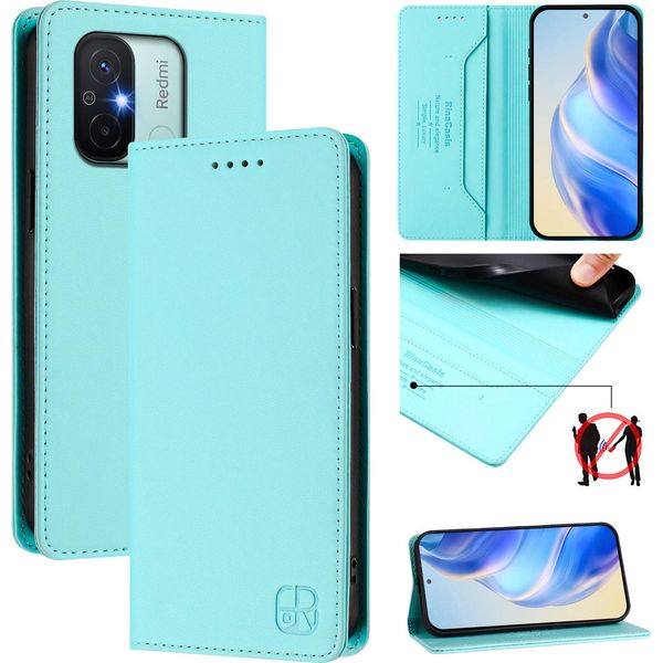 Custodia In Pelle Per Xiaomi Redmi 12C, Flip Case Con Slot Per Carte, Portafoglio E Supporto Turchese-image