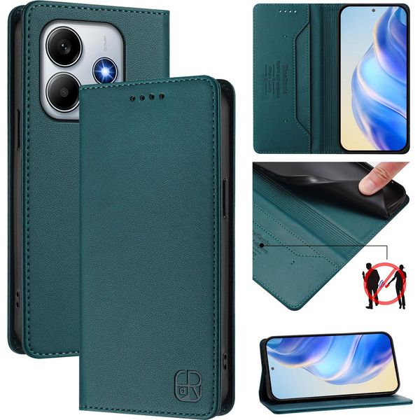 Custodia In Pelle Per Xiaomi Redmi Note 14, Flip Case Con Slot Per Carte, Portafoglio E Supporto Verde Scuro-image