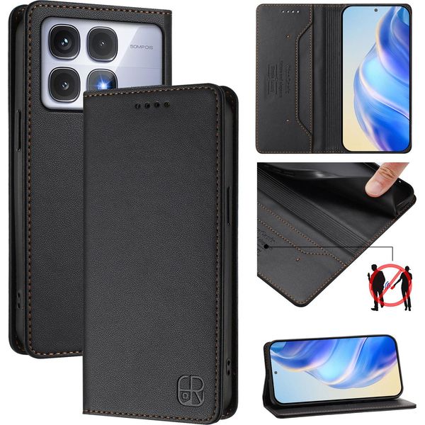 Custodia In Pelle Per Xiaomi Redmi K70 Ultra, Flip Case Con Slot Per Carte, Portafoglio E Supporto Nero-image