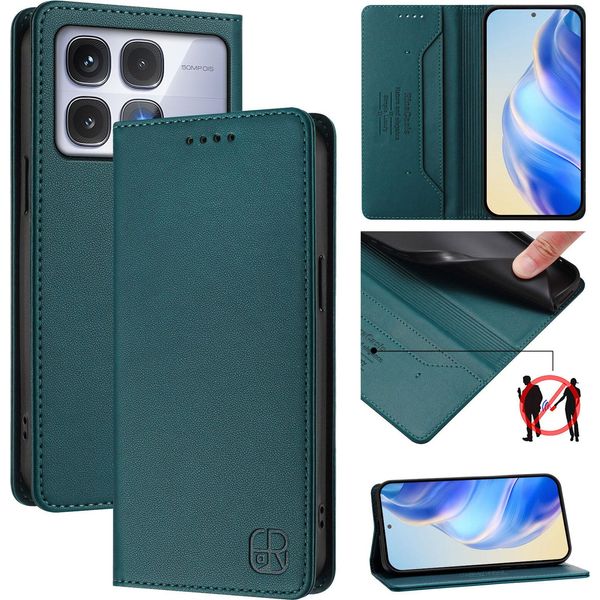 Custodia In Pelle Per Xiaomi Redmi K70 Ultra, Flip Case Con Slot Per Carte, Portafoglio E Supporto Verde Scuro-image
