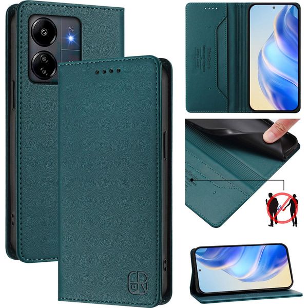 Custodia In Pelle Per Xiaomi Redmi 13C/Poco C65/Poco M6 5G, Custodia Flip Con Slot Per Carte, Portafoglio E Supporto Verde Scuro-image
