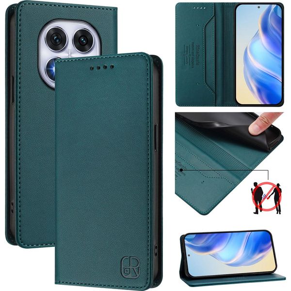 Custodia In Pelle Per Xiaomi Redmi Note 14 Pro/Note 14 Pro+, Flip Case Con Slot Per Carte, Portafoglio E Supporto Verde Scuro-image