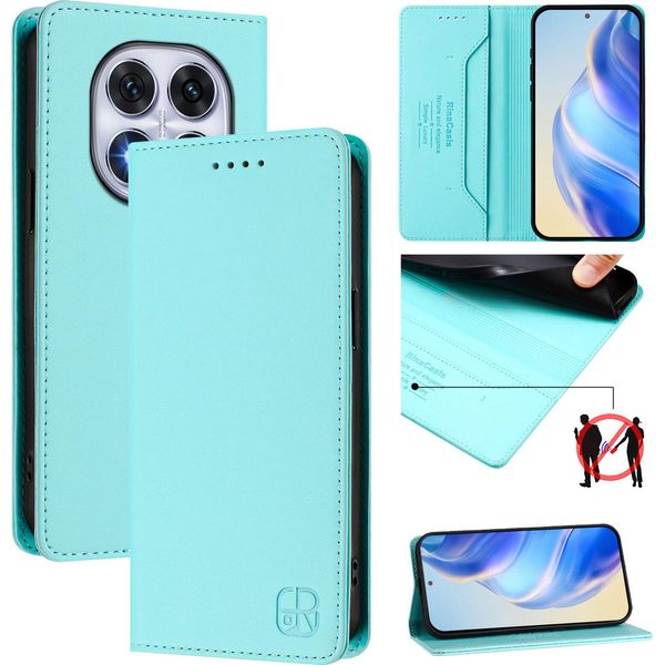 Custodia In Pelle Per Xiaomi Redmi Note 14 Pro/Note 14 Pro+, Flip Case Con Slot Per Carte, Portafoglio E Supporto Turchese-image