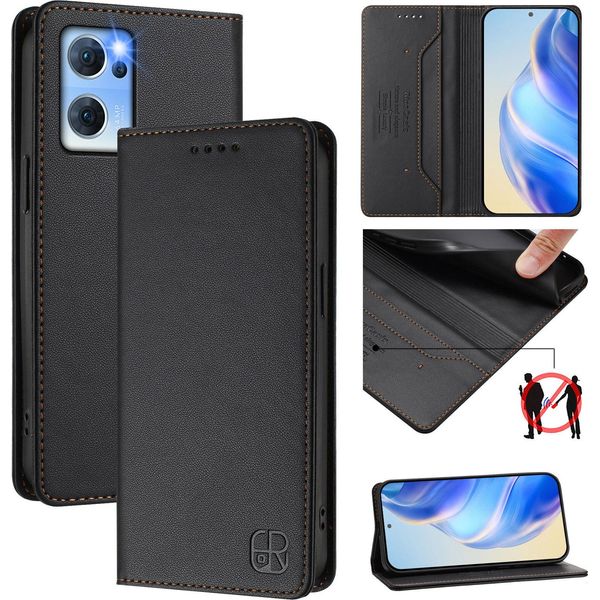 Custodia In Pelle Per Oppo Find X5 Lite/Reno7 5G, Flip Case Con Slot Per Carte, Portafoglio E Supporto Nero-image