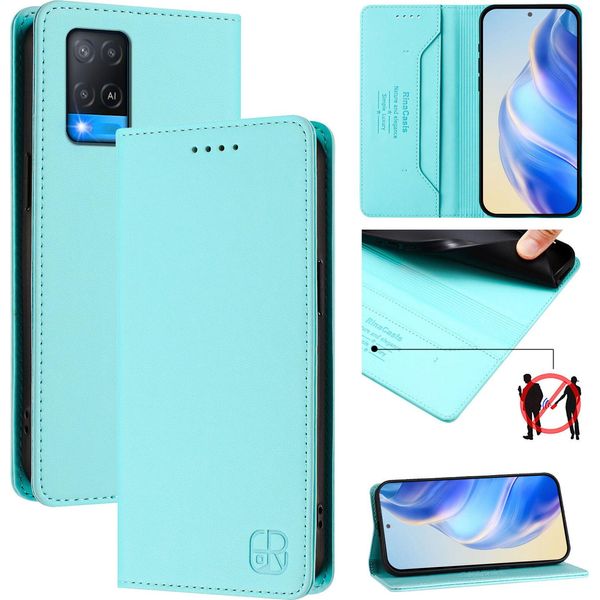 Custodia In Pelle Per Oppo A54 4G/A54S/A55 5G/A16/A16S/A55S/A53S 5G/A56 5G, Custodia Flip Con Slot Per Carte, Portafoglio E Supporto Turchese-image
