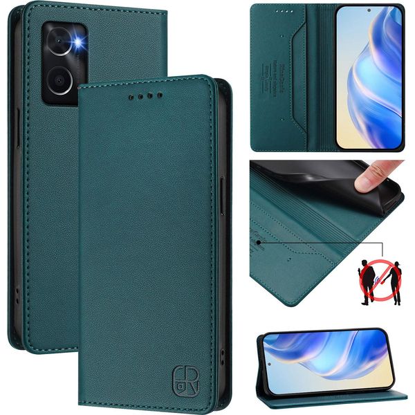 Custodia In Pelle Per Oppo A36/A76/A96/K10 4G/Realme 9I 4G, Flip Case Con Slot Per Carte, Portafoglio E Supporto Verde Scuro-image
