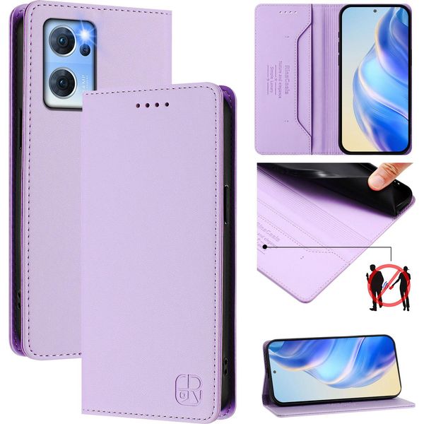 Custodia In Pelle Per Oppo Find X5 Lite/Reno7 5G, Flip Case Con Slot Per Carte, Portafoglio E Supporto Viola-image
