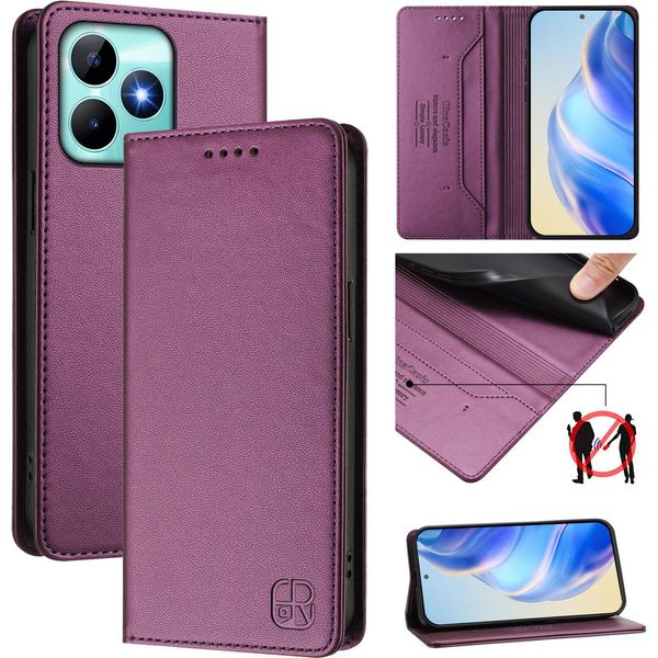 Custodia In Pelle Per Realme Note 50/Realme C51/Realme C53/Realme C51S, Custodia Flip Con Slot Per Carte, Portafoglio E Supporto Viola-image