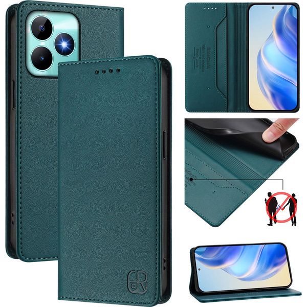 Custodia In Pelle Per Realme Note 50/Realme C51/Realme C53/Realme C51S, Custodia Flip Con Slot Per Carte, Portafoglio E Supporto Verde Scuro-image