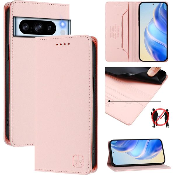 Custodia In Pelle Per Google Pixel 8 Pro, Flip Case Con Slot Per Carte, Portafoglio E Supporto Rosa-image