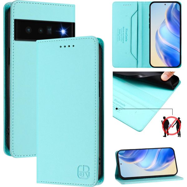 Custodia In Pelle Per Google Pixel 6 Pro, Flip Case Con Slot Per Carte, Portafoglio E Supporto Turchese-image