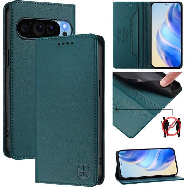 Custodia In Pelle Per Google Pixel 9 / Pixel 9 Pro, Flip Case Con Slot Per Carte, Portafoglio E Supporto Verde Scuro-image