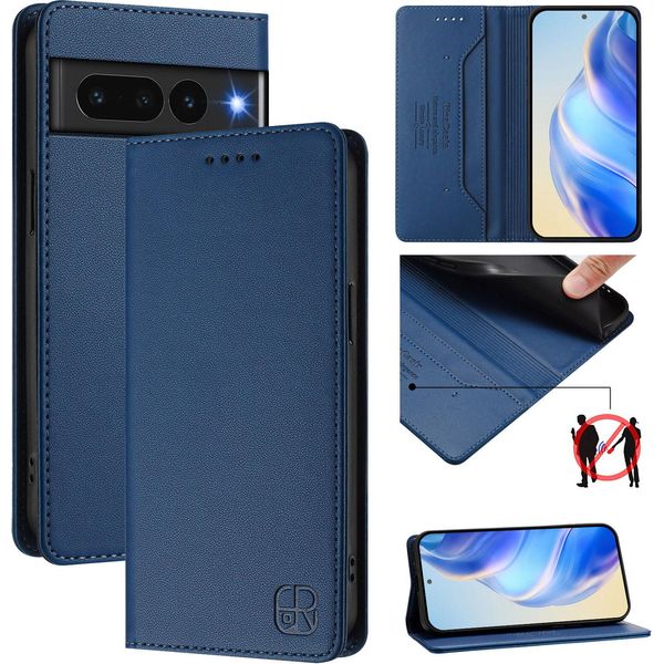 Custodia In Pelle Per Google Pixel 7 Pro, Flip Case Con Slot Per Carte, Portafoglio E Supporto Blu-image