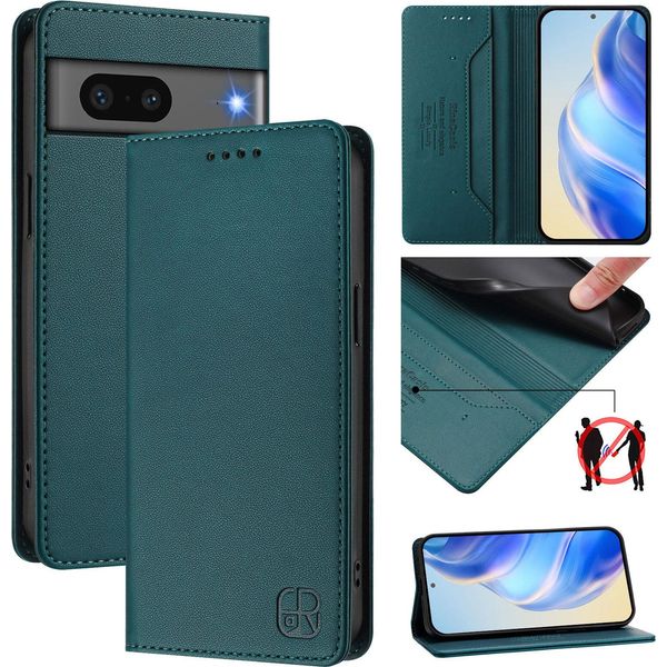 Custodia In Pelle Per Google Pixel 7, Flip Case Con Slot Per Carte, Portafoglio E Supporto Verde Scuro-image