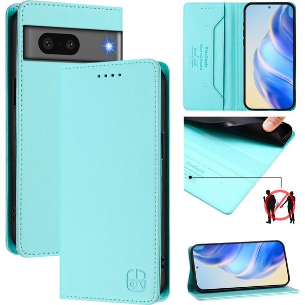 Custodia In Pelle Per Google Pixel 7, Flip Case Con Slot Per Carte, Portafoglio E Supporto Turchese-image