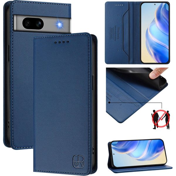 Custodia In Pelle Per Google Pixel 7A, Flip Case Con Slot Per Carte, Portafoglio E Supporto Blu-image