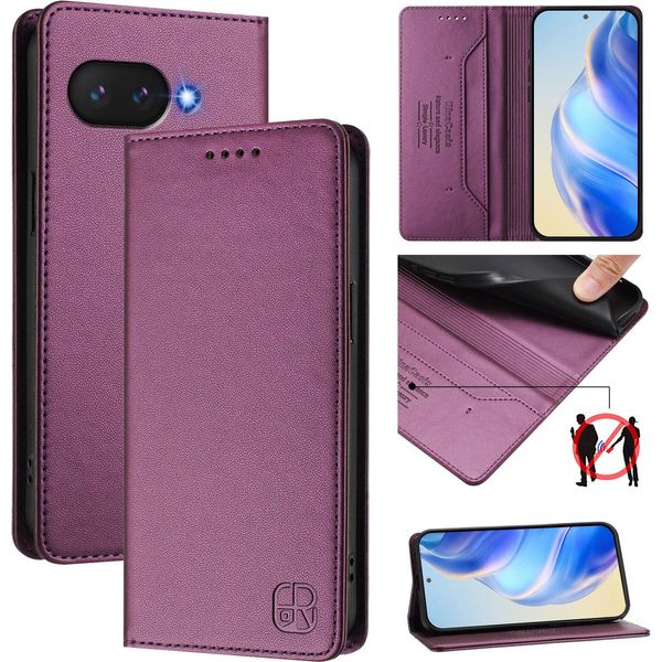 Custodia In Pelle Per Google Pixel 9A, Custodia Flip Con Slot Per Carte, Portafoglio E Supporto Viola-image