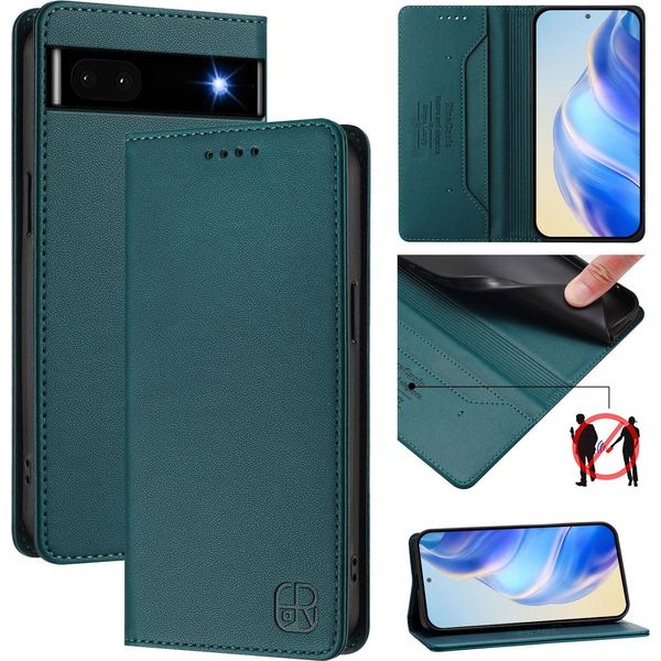 Custodia In Pelle Per Google Pixel 6A, Flip Case Con Slot Per Carte, Portafoglio E Supporto Verde Scuro-image