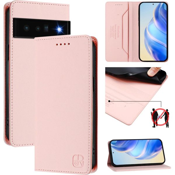 Custodia In Pelle Per Google Pixel 6 Pro, Flip Case Con Slot Per Carte, Portafoglio E Supporto Rosa-image
