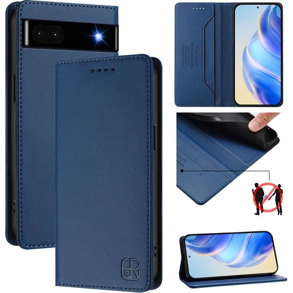 Custodia In Pelle Per Google Pixel 6A, Flip Case Con Slot Per Carte, Portafoglio E Supporto Blu-image