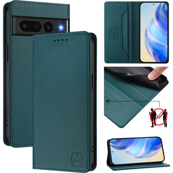 Custodia In Pelle Per Google Pixel 7 Pro, Flip Case Con Slot Per Carte, Portafoglio E Supporto Verde Scuro-image