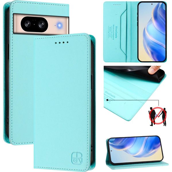 Custodia In Pelle Per Google Pixel 8, Flip Case Con Slot Per Carte, Portafoglio E Supporto Turchese-image