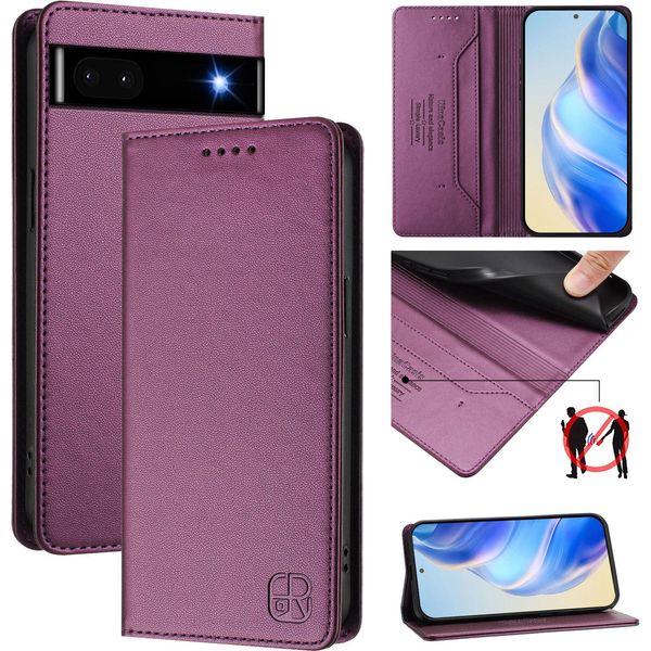 Custodia In Pelle Per Google Pixel 6A, Flip Case Con Slot Per Carte, Portafoglio E Supporto Viola-image