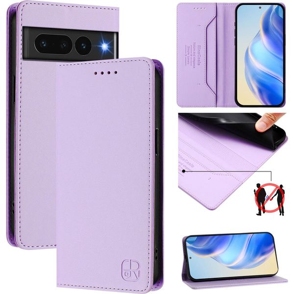 Custodia In Pelle Per Google Pixel 7 Pro, Flip Case Con Slot Per Carte, Portafoglio E Supporto Viola-image