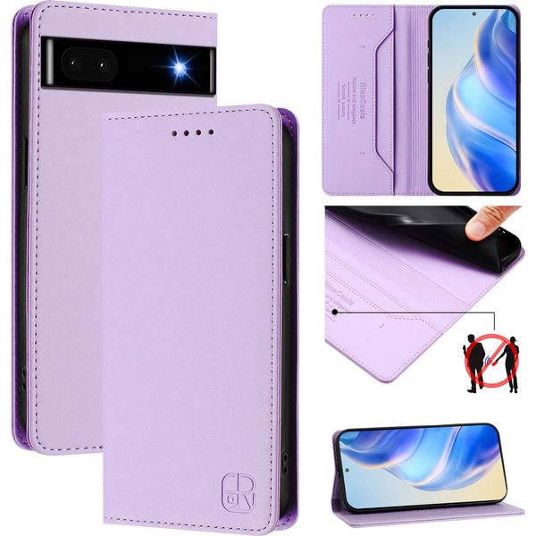 Custodia In Pelle Per Google Pixel 6A, Flip Case Con Slot Per Carte, Portafoglio E Supporto Viola-image
