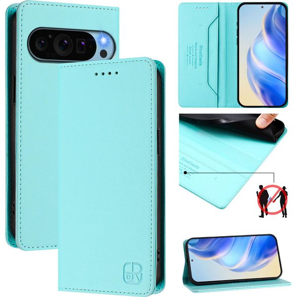Custodia In Pelle Per Google Pixel 10 Pro Xl, Flip Case Con Slot Per Carte, Portafoglio E Supporto Turchese-image