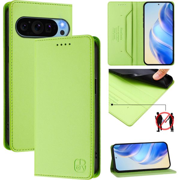 Custodia In Pelle Per Google Pixel 10 Pro Xl, Flip Case Con Slot Per Carte, Portafoglio E Supporto Verde-image