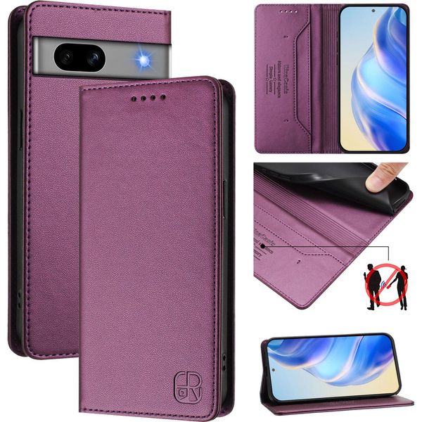 Custodia In Pelle Per Google Pixel 7A, Flip Case Con Slot Per Carte, Portafoglio E Supporto Viola-image
