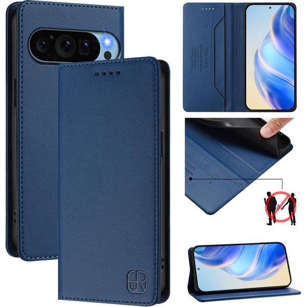 Custodia In Pelle Per Google Pixel 10 / Pixel 10 Pro, Flip Case Con Slot Per Carte, Portafoglio E Supporto Blu-image