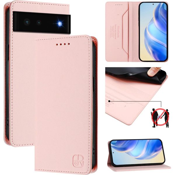 Custodia In Pelle Per Google Pixel 6, Flip Case Con Slot Per Carte, Portafoglio E Supporto Rosa-image